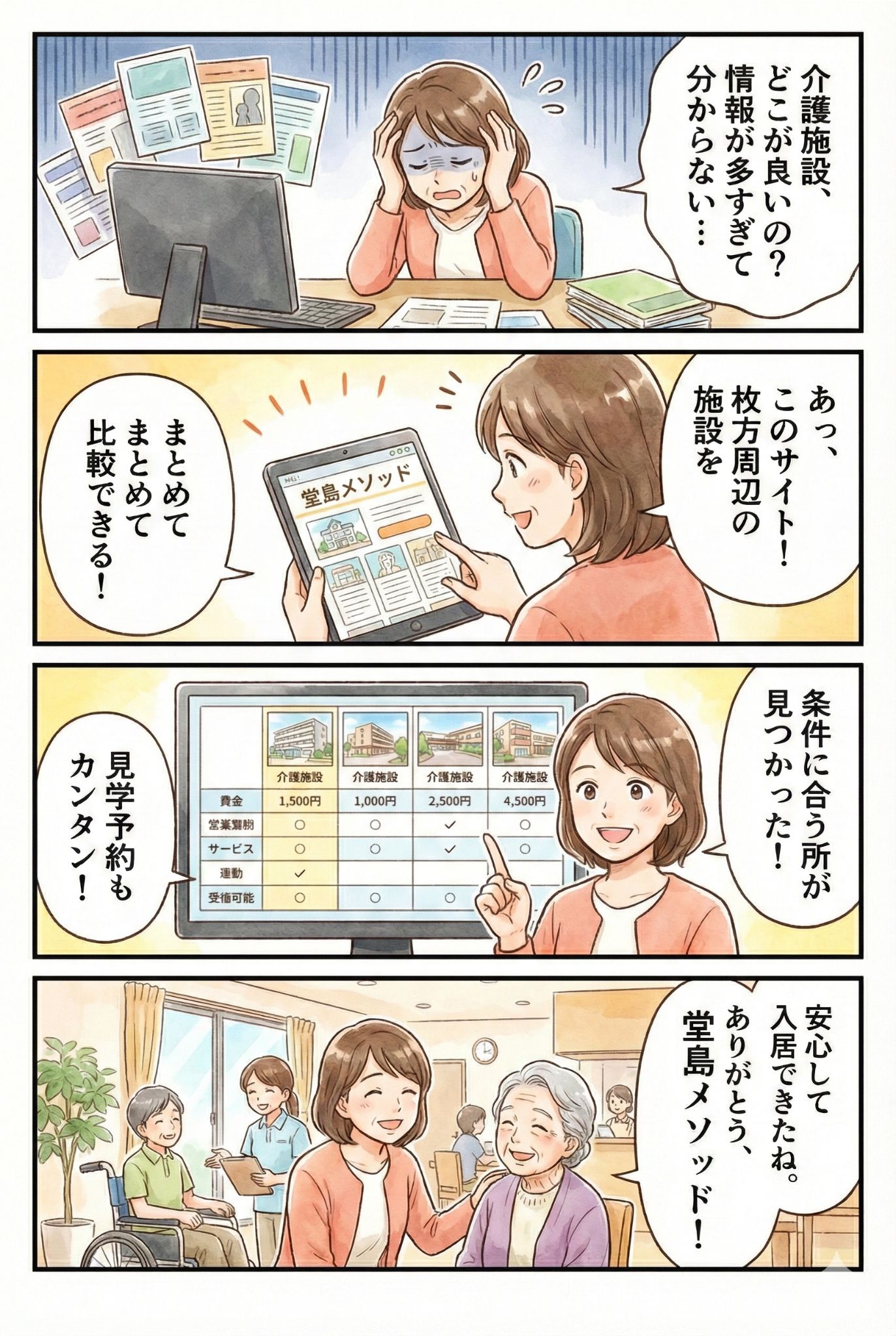 【マンガでわかる】枚方市の介護求人・失敗しない選び方「堂島メソッド」｜大阪介護施設徹底調査プロジェクト