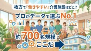 アイキャッチ画像：枚方市で最も「働きやすい」介護施設をプロがデータに基づいて選出したNo.1を紹介する記事。「約700名規模 ここだ」のテキストと共に、明るい施設内で笑顔の介護スタッフと高齢者が交流する様子、データ分析を示すグラフや歯車のアイコン、施設の外観イラストが描かれている。