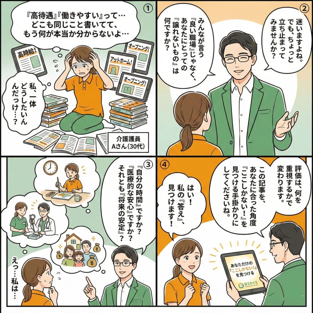 枚方市の介護求人探しで情報過多に悩む介護職員が、専門家・堂島健一のアドバイスにより、「自分の時間」「医療的な安心」など何を重視するかという「自分軸」で職場を選ぶ重要性に気づき、本記事でその手掛かりを見つけようとする様を描いた4コマ漫画。