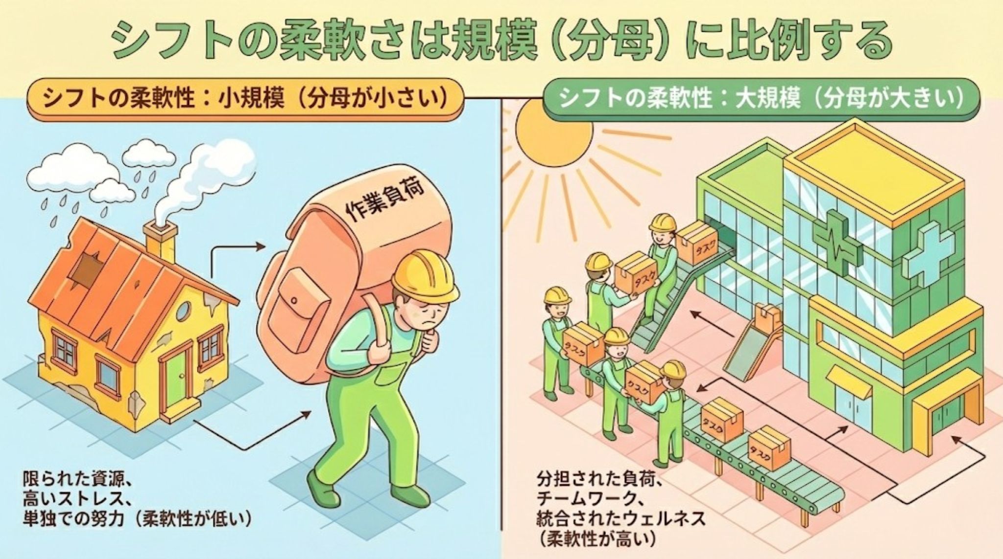 小規模施設のワンオペ負担と大規模施設（ヴェルジェ枚方）のチームケア比較図解