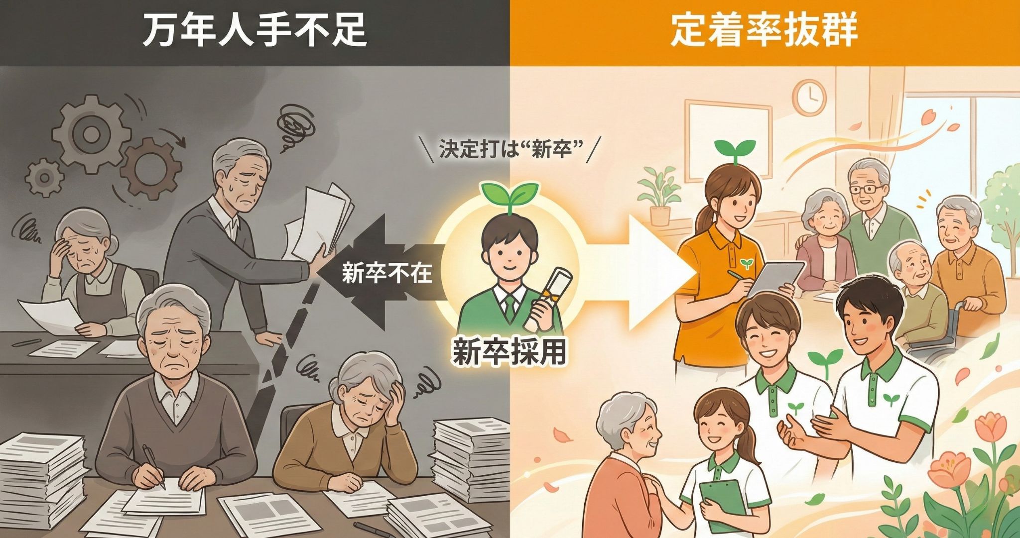 枚方市の介護求人選び | 万年人手不足のブラック施設と定着率抜群のホワイト施設の違いを「新卒採用の有無」で比較したイラスト