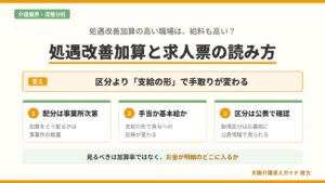 介護職員等処遇改善加算の仕組みと、求人票にある処遇改善手当・基本給への組み込み・一時金支給の違いを比べ、正しい読み方を示す図解